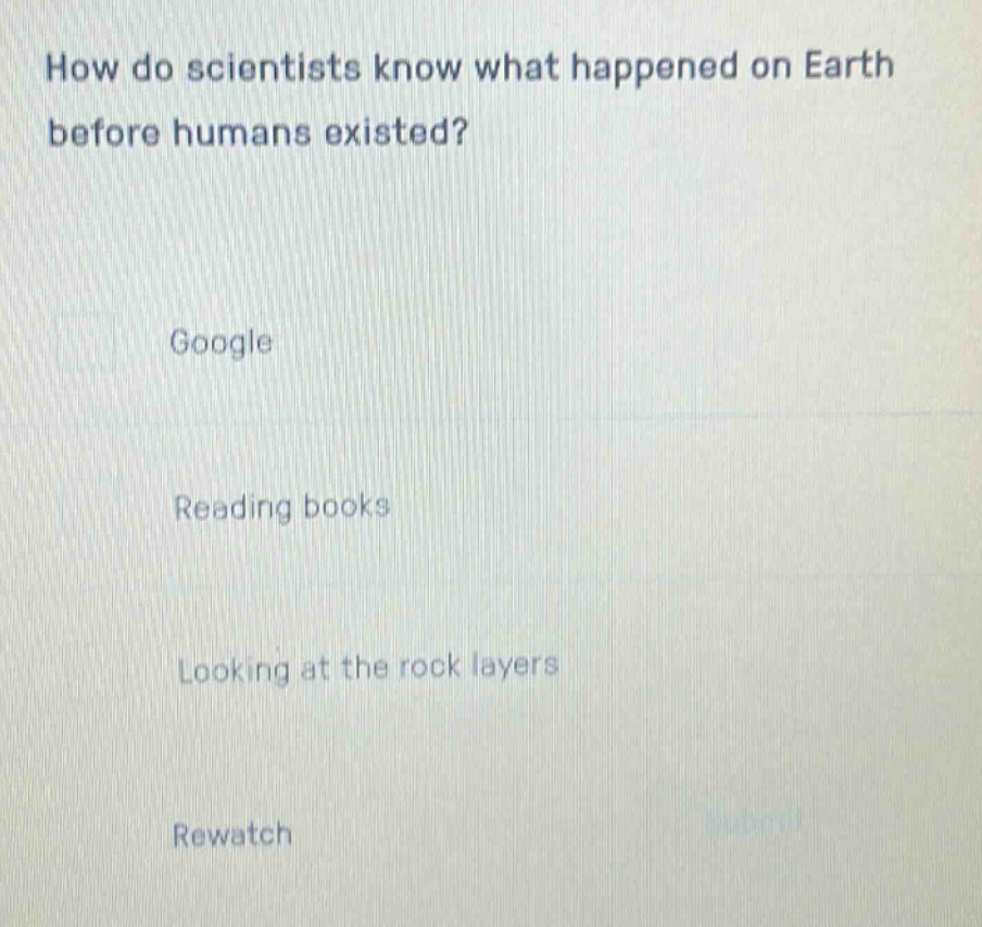 how do scientists know what happened on earth before humans existed?\ngoogle\nreading books\nlooking at the rock layers\nrewatch