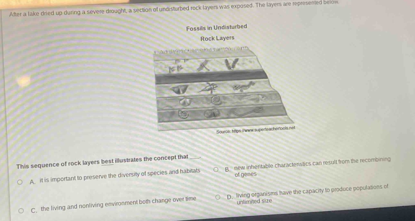 after a lake dried up during a severe drought, a section of undisturbed rock layers was exposed. the layers are represented below. fossils in undisturbed rock layers source: https://www.superteachertools.net this sequence of rock layers best illustrates the concept that ___. a. it is important to preserve the diversity of species and habitats b. new inheritable characteristics can result from the recombining of genes c. the living and nonliving environment both change over time d. living organisms have the capacity to produce populations of unlimited size