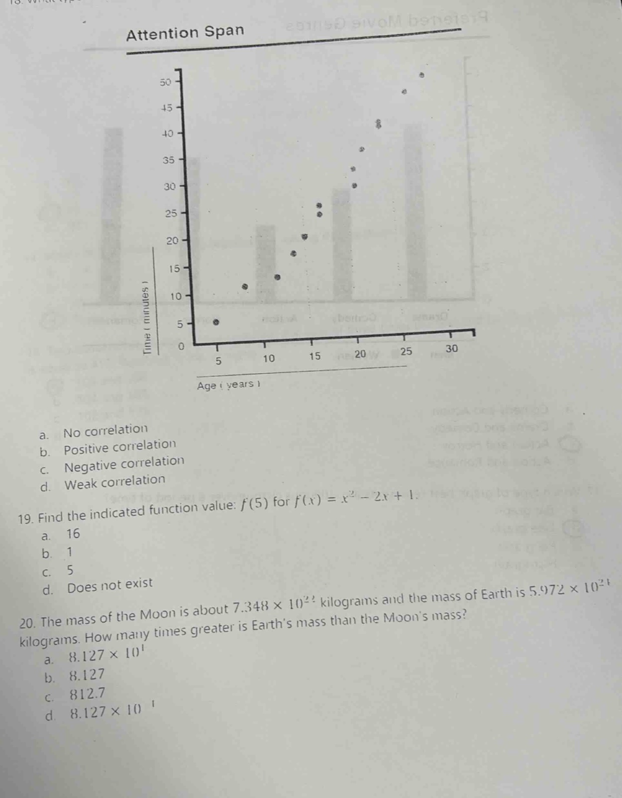 18. attention span\n\nscatter - plot showing age (years) on x - axis and time (minutes) on y - axis\n\na. no correlation\nb. positive correlation\nc. negative correlation\nd. weak correlation\n\n19. find the indicated function value: (f(5)) for (f(x)=x^{2}-2x + 1).\na. 16\nb. 1\nc. 5\nd. does not exist\n\n20. the mass of the moon is about (7.348\times10^{22}) kilograms and the mass of earth is (5.972\times10^{24}) kilograms. how many times greater is earths mass than the moons mass?\na. (8.127\times10^{1})\nb. 8.127\nc. 812.7\nd. (8.127\times10^{-1})