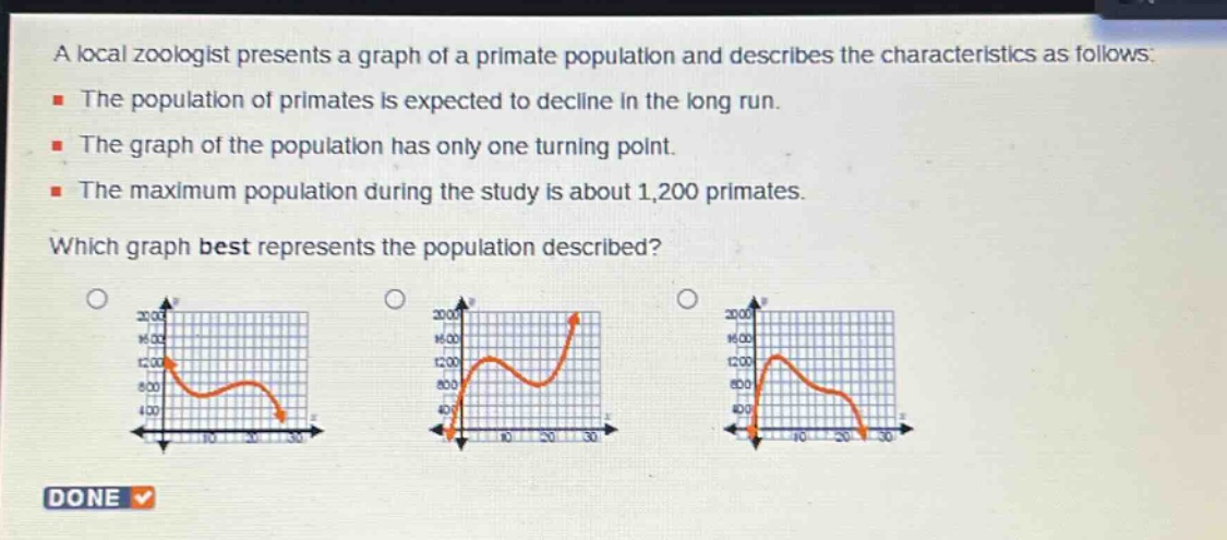 a local zoologist presents a graph of a primate population and describes the characteristics as follows: the population of primates is expected to decline in the long run. the graph of the population has only one turning point. the maximum population during the study is about 1,200 primates. which graph best represents the population described?