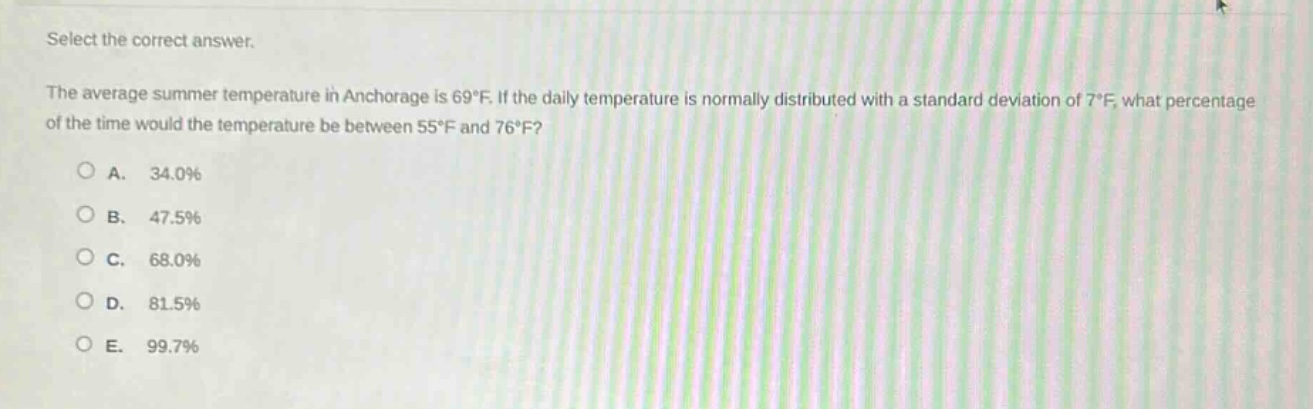select the correct answer.\nthe average summer temperature in anchorage is 69°f. if the daily temperature is normally distributed with a standard deviation of 7°f, what percentage of the time would the temperature be between 55°f and 76°f?\na. 34.0%\nb. 47.5%\nc. 68.0%\nd. 81.5%\ne. 99.7%