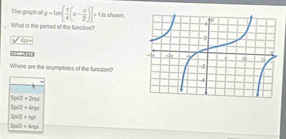 the graph of $y = \\tan\\left\\frac{1}{4}\\left(x - \\frac{\\pi}{2}\\right)\\right+1$ is shown. what is the period of the function? complete where are the asymptotes of the function? 5pi/2 + 2npi 5pi/2 + 4npi 3pi/2 + npi 3pi/2 + 4npi