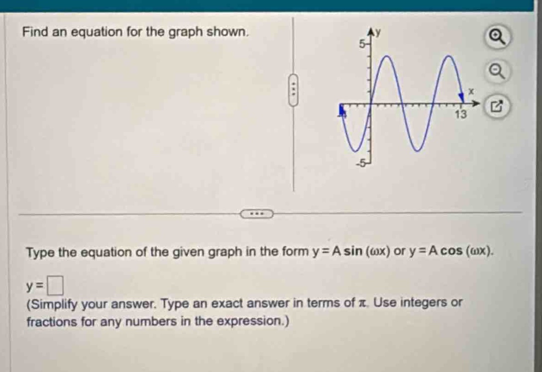find an equation for the graph shown. type the equation of the given graph in the form y = a sin(ωx) or y = a cos(ωx). y = (simplify your answer. type an exact answer in terms of π. use integers or fractions for any numbers in the expression.)