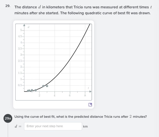 29. the distance d in kilometers that tricia runs was measured at different times t minutes after she started. the following quadratic curve of best fit was drawn. 29a using the curve of best fit, what is the predicted distance tricia runs after 2 minutes? d = enter your next step here km