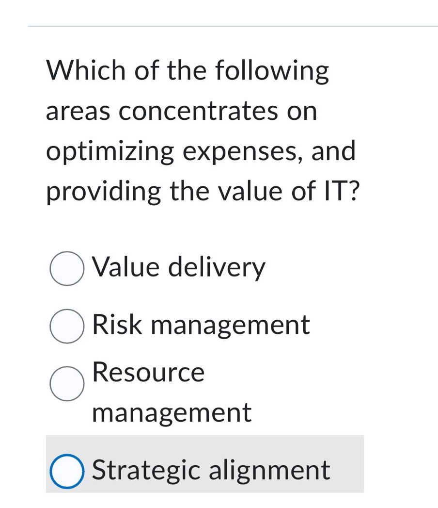 which of the following areas concentrates on optimizing expenses, and providing the value of it?\nvalue delivery\nrisk management\nresource management\nstrategic alignment