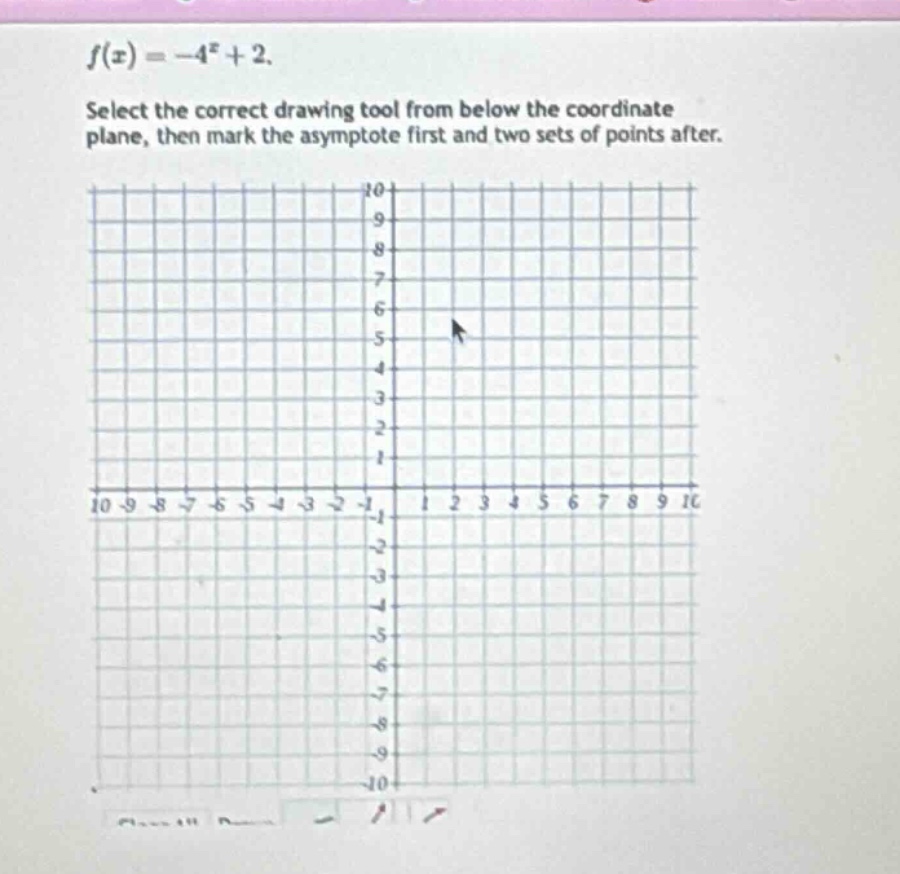 f(x)=-4^{x}+2. select the correct drawing tool from below the coordinate plane, then mark the asymptote first and two sets of points after.