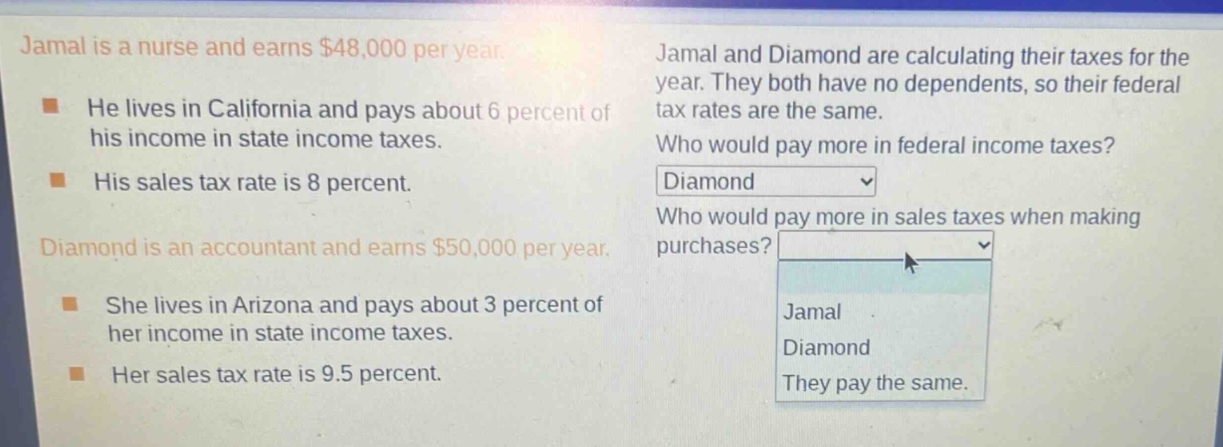 jamal is a nurse and earns $48,000 per year.\nhe lives in california and pays about 6 percent of his income in state income taxes.\nhis sales tax rate is 8 percent.\ndiamond is an accountant and earns $50,000 per year.\nshe lives in arizona and pays about 3 percent of her income in state income taxes.\nher sales tax rate is 9.5 percent.\njamal and diamond are calculating their taxes for the year. they both have no dependents, so their federal tax rates are the same.\nwho would pay more in federal income taxes?\ndiamond\nwho would pay more in sales taxes when making purchases?\njamal\ndiamond\nthey pay the same.