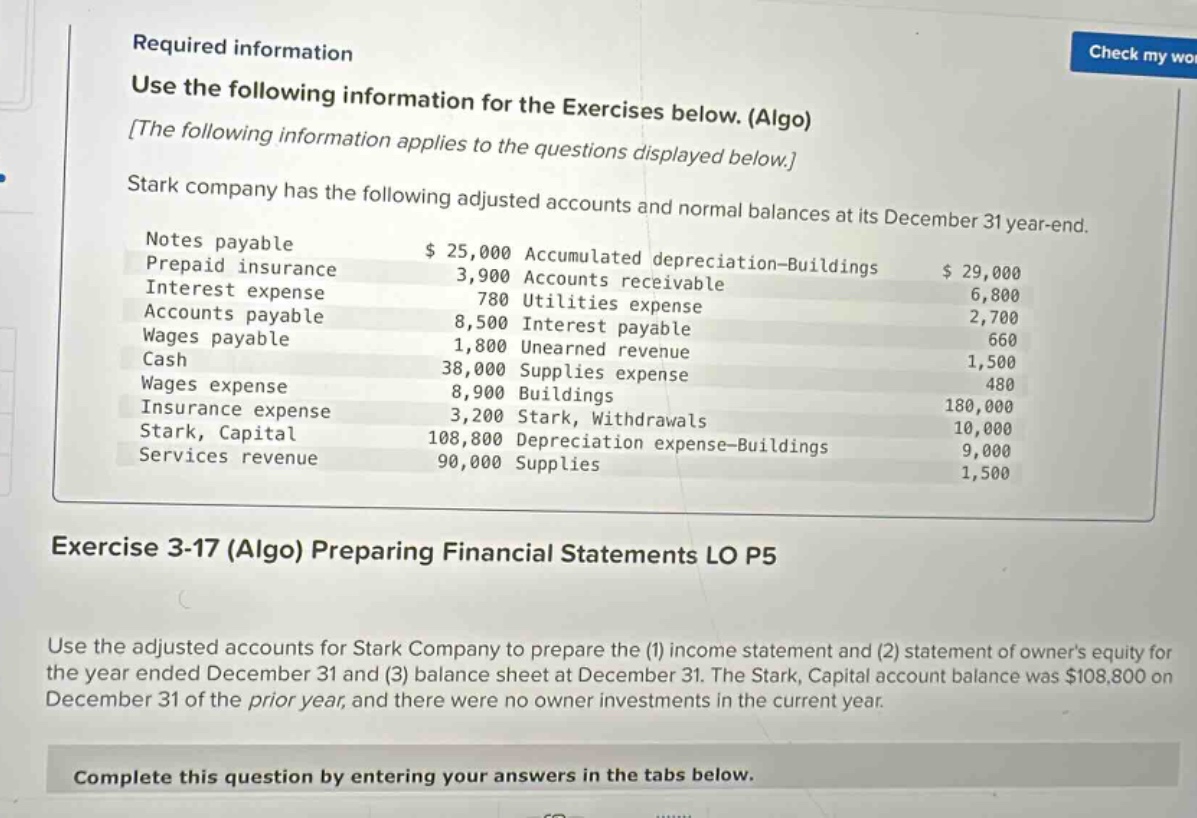 required information\nuse the following information for the exercises below. (algo)\nthe following information applies to the questions displayed below.\nstark company has the following adjusted accounts and normal balances at its december 31 year - end.\nnotes payable $25,000 accumulated depreciation - buildings $29,000\nprepaid insurance 3,900 accounts receivable 6,800\ninterest expense 780 utilities expense 2,700\naccounts payable 8,500 interest payable 660\nwages payable 1,800 unearned revenue 1,500\ncash 38,000 supplies expense 480\nwages expense 8,900 buildings 180,000\ninsurance expense 3,200 stark, withdrawals 10,000\nstark, capital 108,800 depreciation expense - buildings 9,000\nservices revenue 90,000 supplies 1,500\nexercise 3 - 17 (algo) preparing financial statements lo p5\nuse the adjusted accounts for stark company to prepare the (1) income statement and (2) statement of owners equity for the year ended december 31 and (3) balance sheet at december 31. the stark, capital account balance was $108,800 on december 31 of the prior year, and there were no owner investments in the current year.\ncomplete this question by entering your answers in the tabs below.