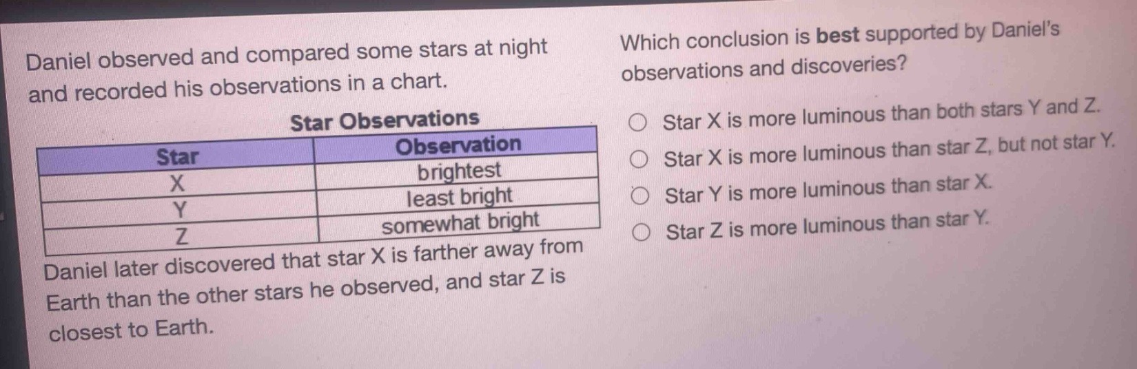 daniel observed and compared some stars at night and recorded his observations in a chart. which conclusion is best supported by daniels observations and discoveries? star observations star observation x brightest y least bright z somewhat bright daniel later discovered that star x is farther away from earth than the other stars he observed, and star z is closest to earth. star x is more luminous than both stars y and z. star x is more luminous than star z, but not star y. star y is more luminous than star x. star z is more luminous than star y.