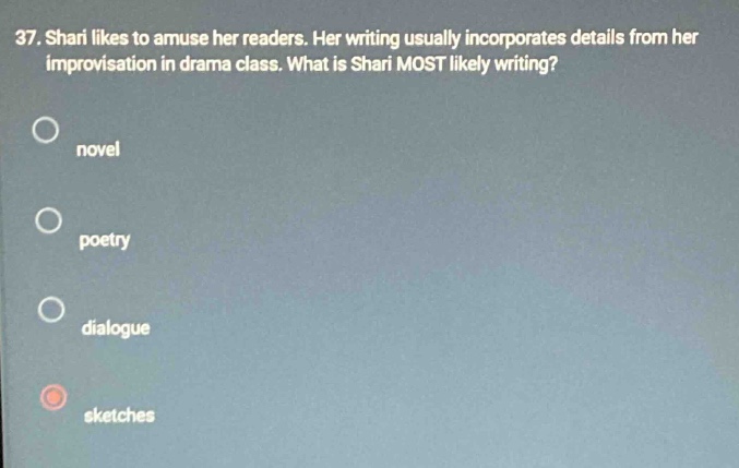 37. shari likes to amuse her readers. her writing usually incorporates details from her improvisation in drama class. what is shari most likely writing?\nnovel\npoetry\ndialogue\nsketches