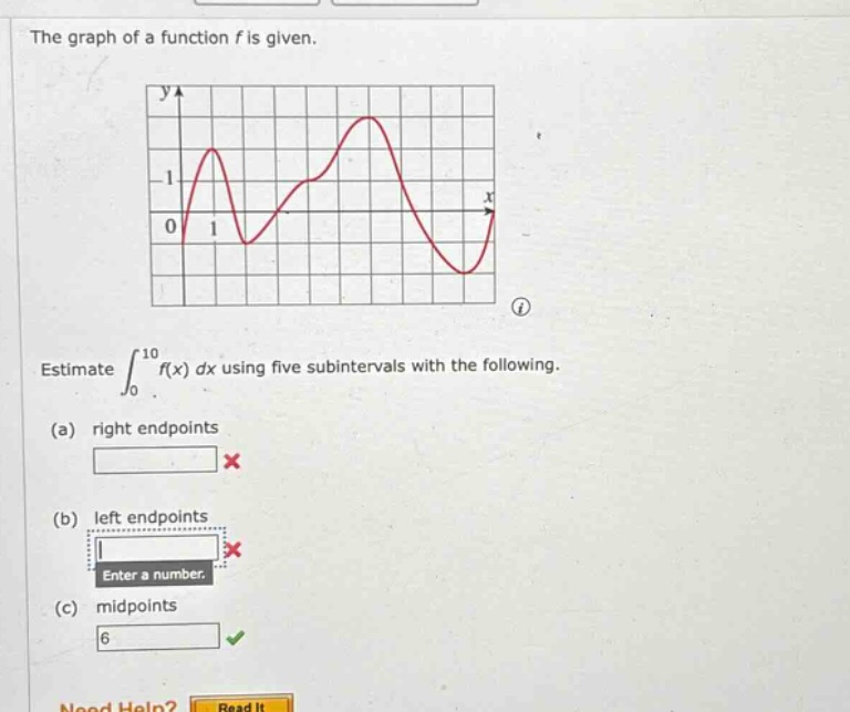 the graph of a function f is given.\nestimate $int_{0}^{10} f(x) dx$ using five subintervals with the following.\n(a) right endpoints\n(b) left endpoints\n(c) midpoints