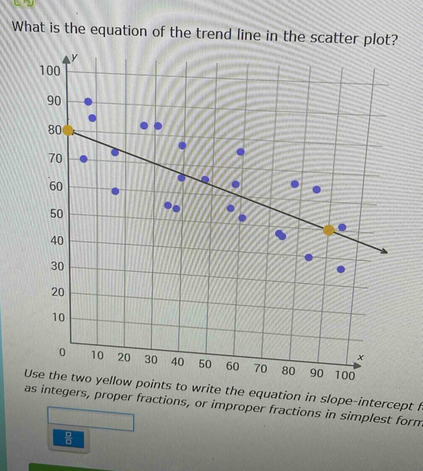 what is the equation of the trend line in the scatter plot? use the two yellow points to write the equation in slope - intercept form as integers, proper fractions, or improper fractions in simplest form