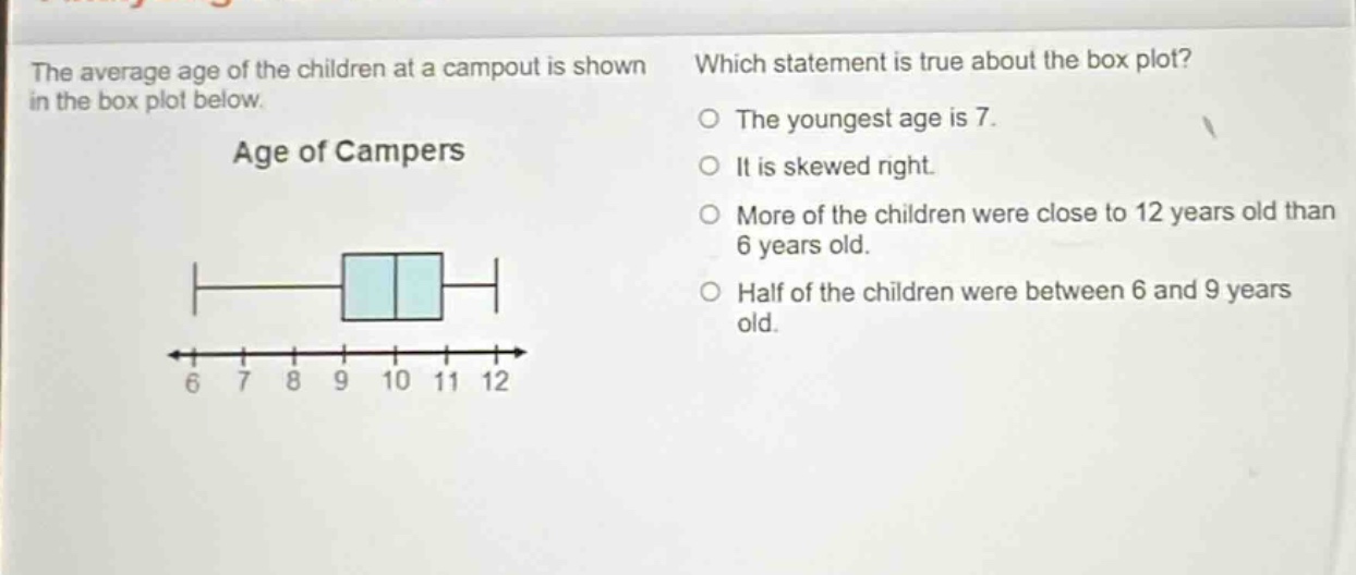 the average age of the children at a campout is shown in the box plot below. age of campers which statement is true about the box plot? the youngest age is 7. it is skewed right. more of the children were close to 12 years old than 6 years old. half of the children were between 6 and 9 years old.