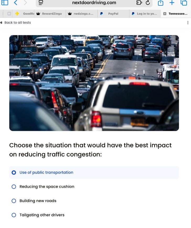 choose the situation that would have the best impact on reducing traffic congestion:\nuse of public transportation\nreducing the space cushion\nbuilding new roads\ntailgating other drivers