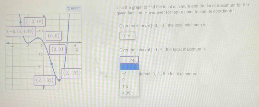 use the graph to find the local minimum and the local maximum for the given function. hover over (or tap) a point to see its coordinates. over the interval -3, -1, the local minimum is 0. over the interval -1, 0, the local maximum is. over the interval 0, 3, the local minimum is -1 0 1.5 4.39