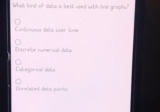 what kind of data is best used with line graphs?\ncontinuous data over time\ndiscrete numerical data\ncategorical data\nunrelated data points