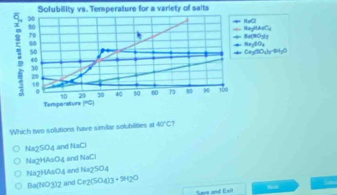 solubility vs. temperature for a variety of salts\nwhich two solutions have similar solubilities at 40°c?\no na2so4 and nacl\no na2haso4 and nacl\no na2haso4 and na2so4\no ba(no3)2 and ce2(so4)3·9h2o