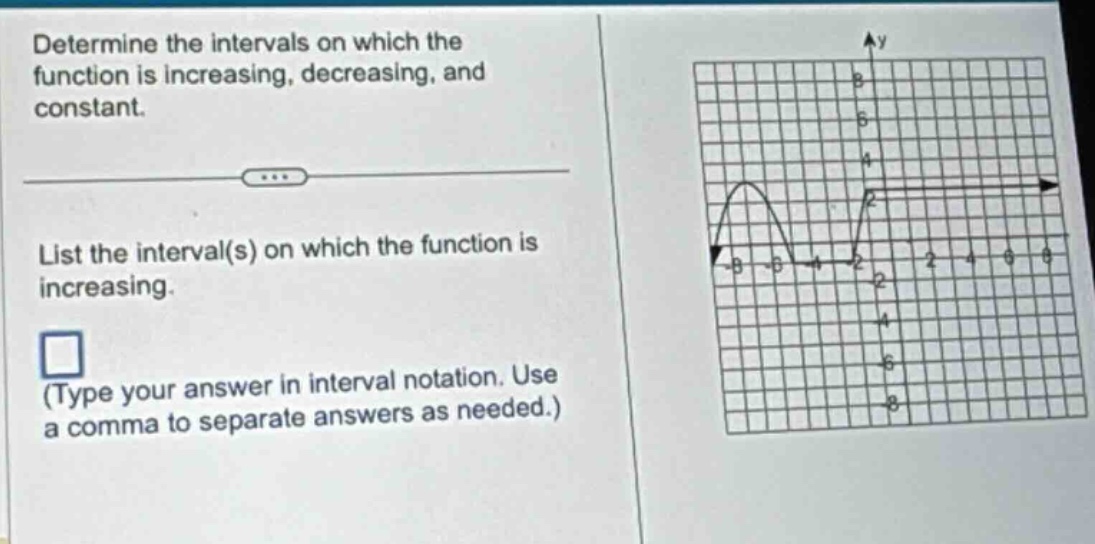 determine the intervals on which the function is increasing, decreasing, and constant.\nlist the interval(s) on which the function is increasing.\n(type your answer in interval notation. use a comma to separate answers as needed.)