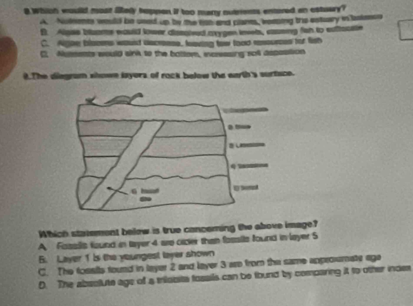 8. which would most likely happen if too many nutrients entered an estuary? a. nutrients would be used up by the fish and plants, leaving the estuary healthy. b. algae blooms would lower dissolved oxygen levels, causing fish to suffocate. c. algae blooms would increase, leaving too much food resources for fish. d. nutrients would sink to the bottom, increasing soil absorption. 9. the diagram shows layers of rock below the earths surface. which statement below is true concerning the above image? a. fossils found in layer 4 are older than fossils found in layer 5. b. layer 1 is the youngest layer shown. c. the fossils found in layer 2 and layer 3 are from the same approximate age. d. the absolute age of a rock or fossil can be found by comparing it to other rocks.