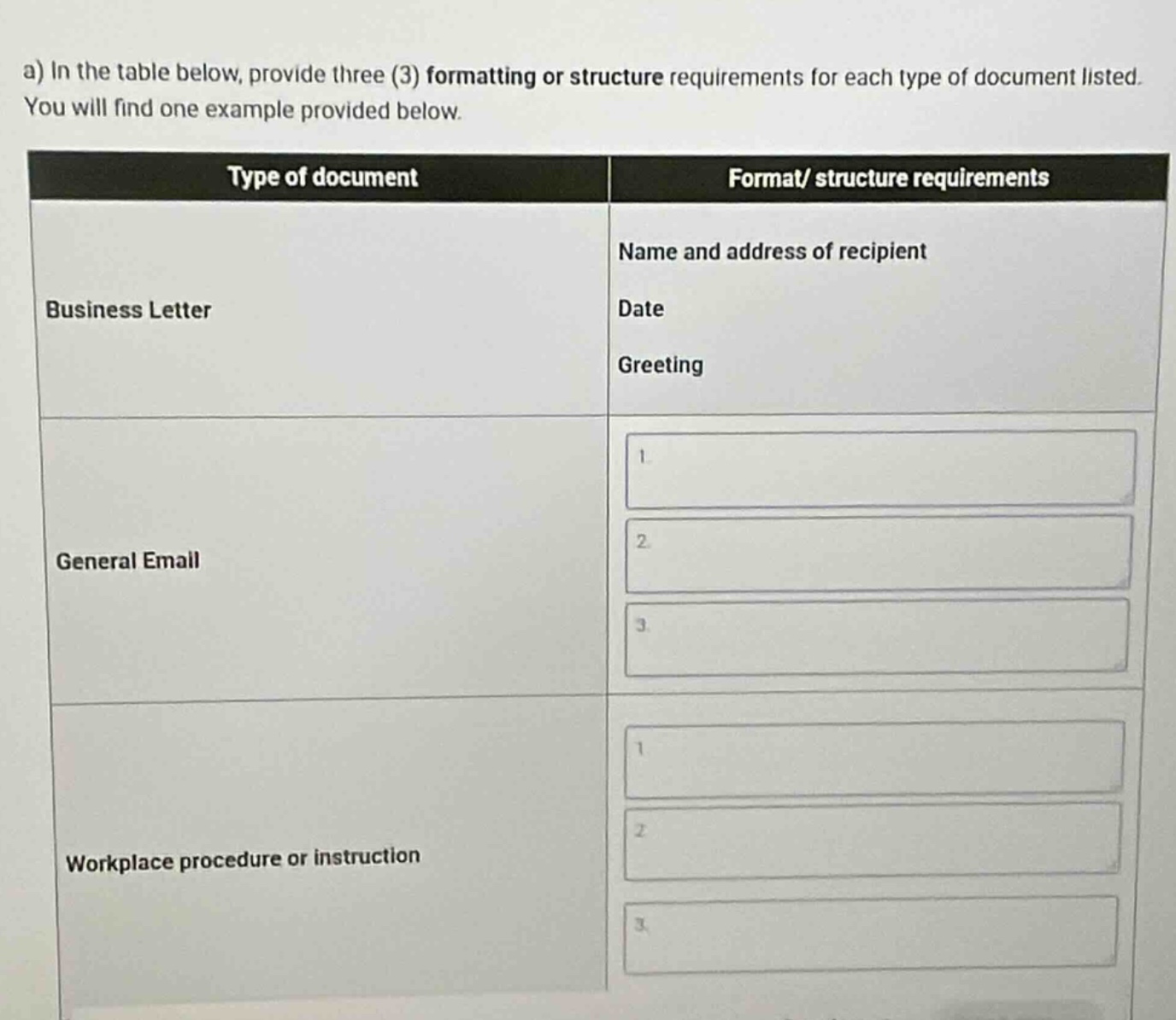 a) in the table below, provide three (3) formatting or structure requirements for each type of document listed. you will find one example provided below.\n| type of document | format/ structure requirements |\n| ---- | ---- |\n| business letter | name and address of recipient<br>date<br>greeting |\n| general email | 1<br>2<br>3 |\n| workplace procedure or instruction | 1<br>2<br>3 |