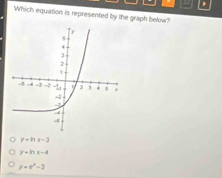 which equation is represented by the graph below?\no y = ln x - 3\no y = ln x - 4\no y = e^x - 3