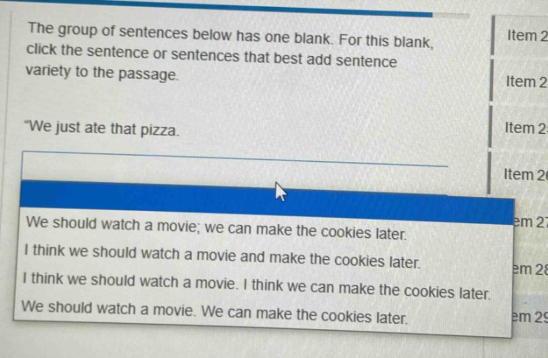 the group of sentences below has one blank. for this blank, click the sentence or sentences that best add sentence variety to the passage. \we just ate that pizza. we should watch a movie; we can make the cookies later. i think we should watch a movie and make the cookies later. i think we should watch a movie. i think we can make the cookies later. we should watch a movie. we can make the cookies later.\