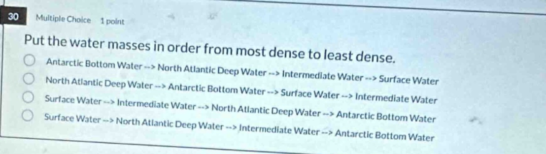 30 multiple choice 1 point put the water masses in order from most dense to least dense. antarctic bottom water --> north atlantic deep water --> intermediate water --> surface water north atlantic deep water --> antarctic bottom water --> surface water --> intermediate water surface water --> intermediate water --> north atlantic deep water --> antarctic bottom water surface water --> north atlantic deep water --> intermediate water --> antarctic bottom water