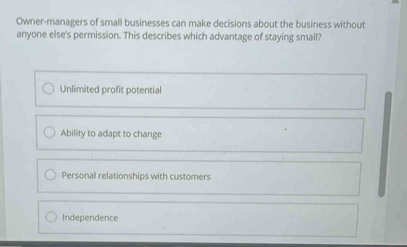 owner - managers of small businesses can make decisions about the business without anyone elses permission. this describes which advantage of staying small?\nunlimited profit potential\nability to adapt to change\npersonal relationships with customers\nindependence