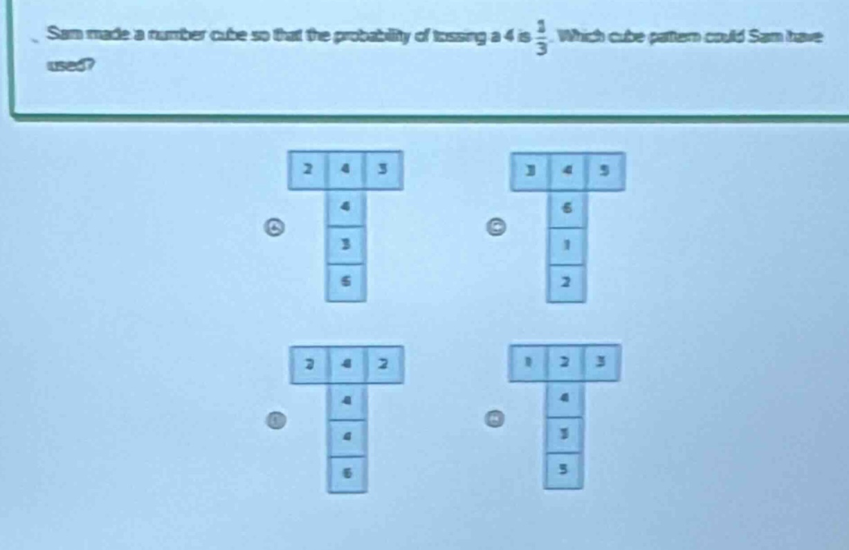 sam made a number cube so that the probability of tossing a 4 is $\frac{1}{3}$. which cube pattern could sam have used?