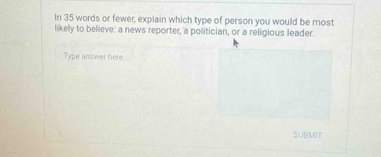 in 35 words or fewer, explain which type of person you would be most likely to believe: a news reporter, a politician, or a religious leader.