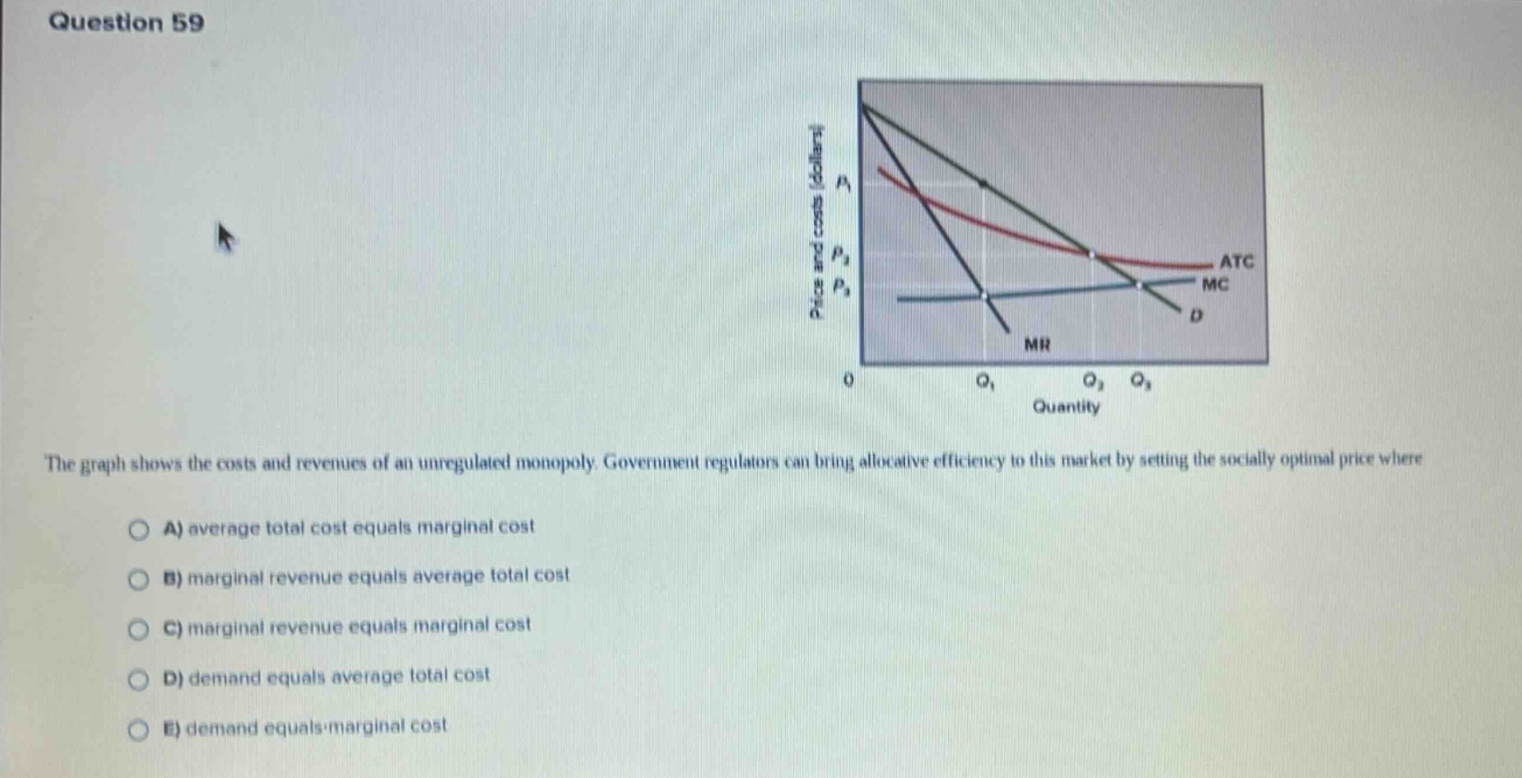 question 59\nthe graph shows the costs and revenues of an unregulated monopoly. government regulators can bring allocative efficiency to this market by setting the socially optimal price where\na) average total cost equals marginal cost\nb) marginal revenue equals average total cost\nc) marginal revenue equals marginal cost\nd) demand equals average total cost\ne) demand equals marginal cost