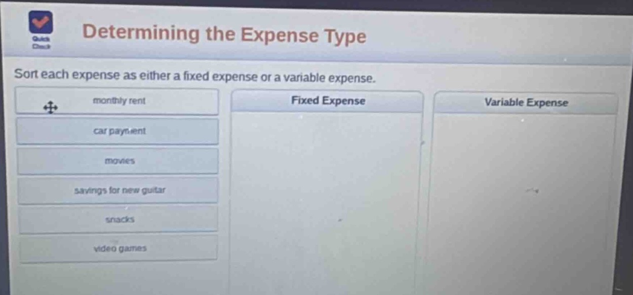 determining the expense type\nsort each expense as either a fixed expense or a variable expense.\nmonthly rent\ncar payment\nmovies\nsavings for new guitar\nsnacks\nvideo games\nfixed expense\nvariable expense