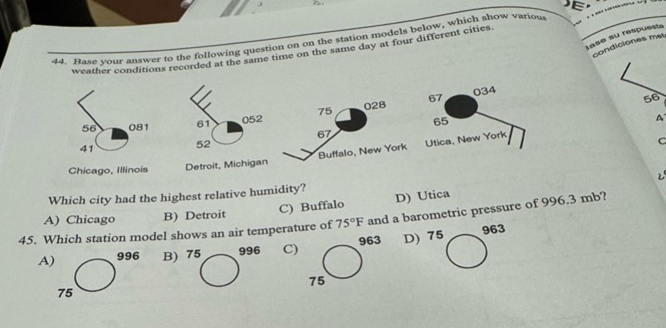 44. base your answer to the following question on the station models below, which show various weather conditions recorded at the same time on the same day at four different cities.\nwhich city had the highest relative humidity?\na) chicago b) detroit c) buffalo d) utica\n45. which station model shows an air temperature of 75°f and a barometric pressure of 996.3 mb?\na) 75 996 b) 75 996 c) 75 963 d) 75 963