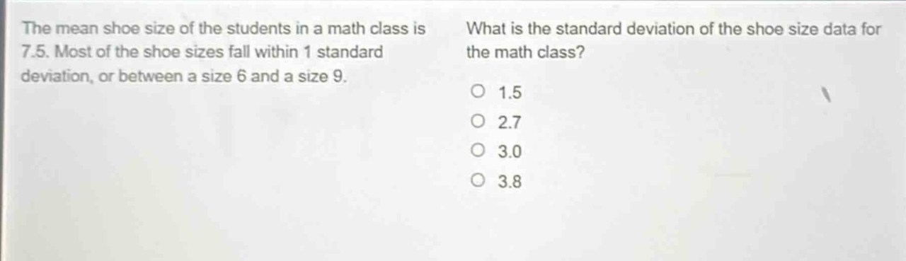 the mean shoe size of the students in a math class is 7.5. most of the shoe sizes fall within 1 standard deviation, or between a size 6 and a size 9. what is the standard deviation of the shoe size data for the math class?\no 1.5\no 2.7\no 3.0\no 3.8
