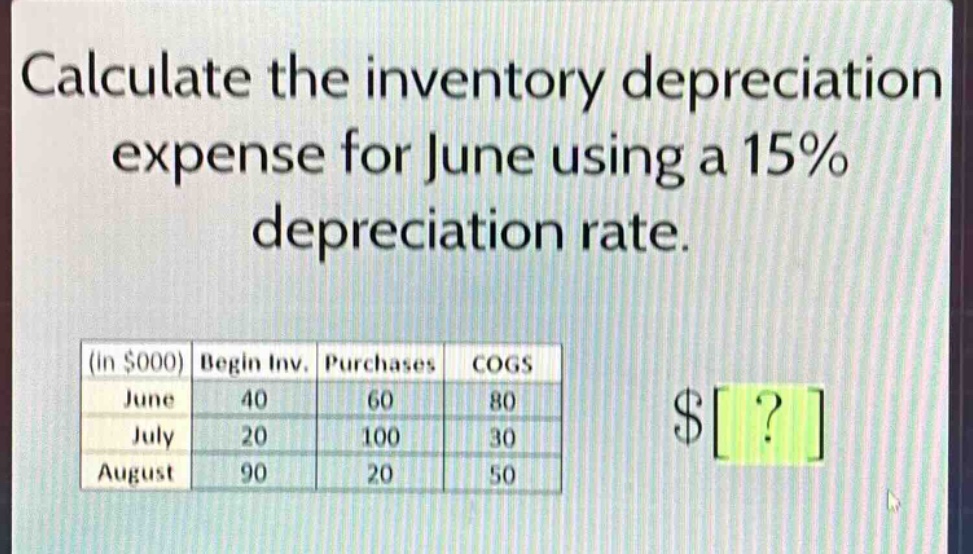 calculate the inventory depreciation expense for june using a 15% depreciation rate.\n(in $000) begin inv. purchases cogs\njune 40 60 80\njuly 20 100 30\naugust 90 20 50