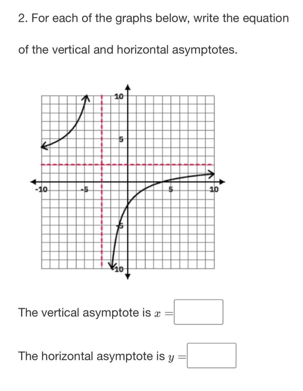 2. for each of the graphs below, write the equation of the vertical and horizontal asymptotes. the vertical asymptote is x = the horizontal asymptote is y =