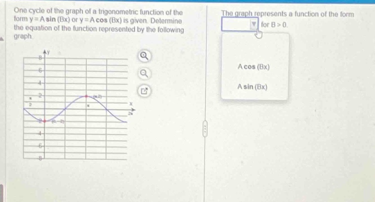 one cycle of the graph of a trigonometric function of the form y = a sin (bx) or y = a cos (bx) is given. determine the equation of the function represented by the following graph. the graph represents a function of the form for b > 0. a cos (bx) a sin (bx)