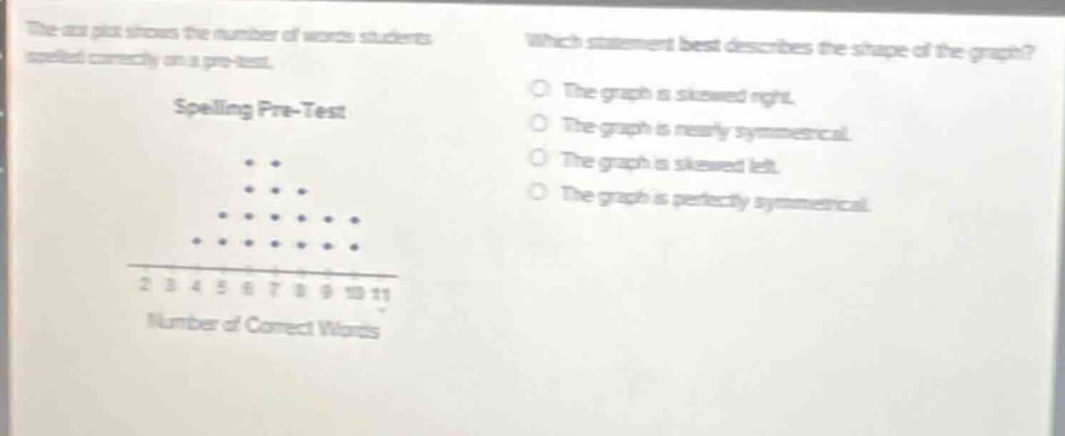 the dot - plot shows the number of words students spelled correctly on a pre - test. spelling pre - test which statement best describes the shape of the graph? the graph is skewed right. the graph is nearly symmetrical. the graph is skewed left. the graph is perfectly symmetrical. 2 3 4 5 6 7 8 9 10 11 number of correct words