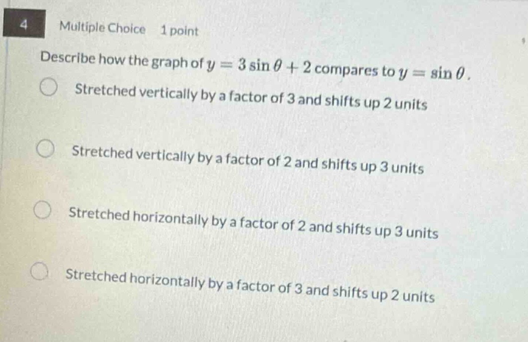 4 multiple choice 1 point describe how the graph of y = 3 sin θ + 2 compares to y = sin θ. stretched vertically by a factor of 3 and shifts up 2 units stretched vertically by a factor of 2 and shifts up 3 units stretched horizontally by a factor of 2 and shifts up 3 units stretched horizontally by a factor of 3 and shifts up 2 units