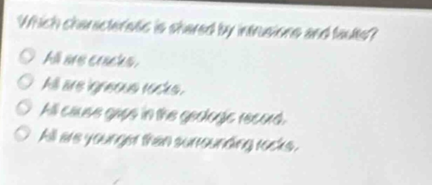 which characteristic is shared by intrusions and lavas?\no are cracks.\no are igneous rocks.\no cause gaps in the geologic record.\no are younger than surrounding rocks.