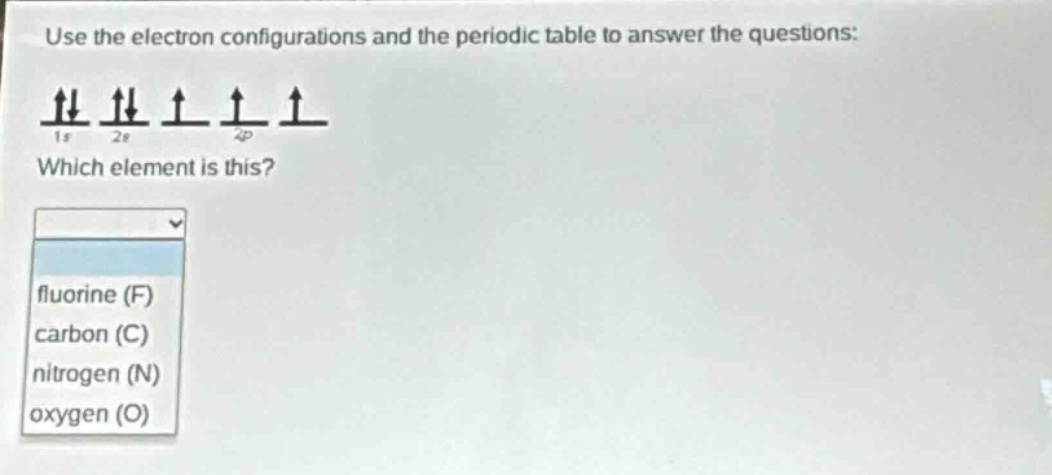 use the electron configurations and the periodic table to answer the questions: which element is this? fluorine (f) carbon (c) nitrogen (n) oxygen (o)