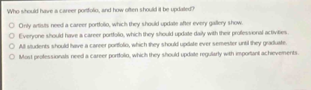 who should have a career portfolio, and how often should it be updated?\nonly artists need a career portfolio, which they should update after every gallery show.\neveryone should have a career portfolio, which they should update daily with their professional activities.\nall students should have a career portfolio, which they should update ever semester until they graduate.\nmost professionals need a career portfolio, which they should update regularly with important achievements.