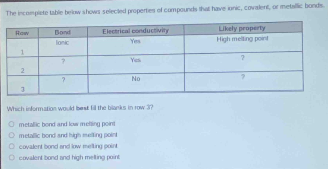 the incomplete table below shows selected properties of compounds that have ionic, covalent, or metallic bonds.\n| row | bond | electrical conductivity | likely property |\n| ---- | ---- | ---- | ---- |\n| 1 | ionic | yes | high melting point |\n| 2 |? | yes |? |\n| 3 |? | no |? |\nwhich information would best fill the blanks in row 3?\n- metallic bond and low melting point\n- metallic bond and high melting point\n- covalent bond and low melting point\n- covalent bond and high melting point