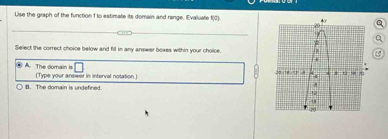 use the graph of the function f to estimate its domain and range. evaluate f(0). select the correct choice below and fill in any answer boxes within your choice. a. the domain is (type your answer in interval notation.) b. the domain is undefined.