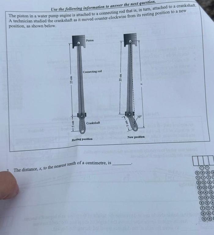 use the following information to answer the next question.\nthe piston in a water pump engine is attached to a connecting rod that is, in turn, attached to a crankshaft.\na technician studied the crankshaft as it moved counter - clockwise from its resting position to a new\nposition, as shown below.\nthe distance, x, to the nearest tenth of a centimetre, is ________.
