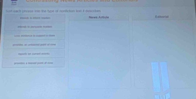 sort each phrase into the type of non - fiction text it describes. intends to inform readers intends to persuade readers uses evidence to support a claim provides an unbiased point of view reports on current events provides a biased point of view news article editorial