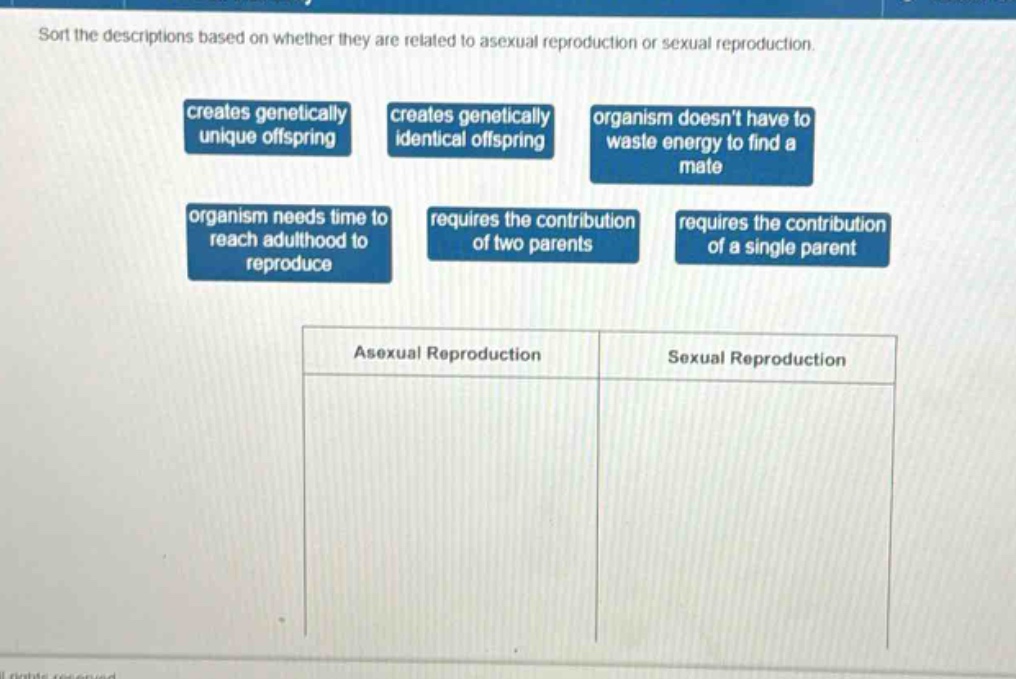 sort the descriptions based on whether they are related to asexual reproduction or sexual reproduction. creates genetically unique offspring creates genetically identical offspring organism doesnt have to waste energy to find a mate organism needs time to reach adulthood to reproduce requires the contribution of two parents requires the contribution of a single parent asexual reproduction sexual reproduction