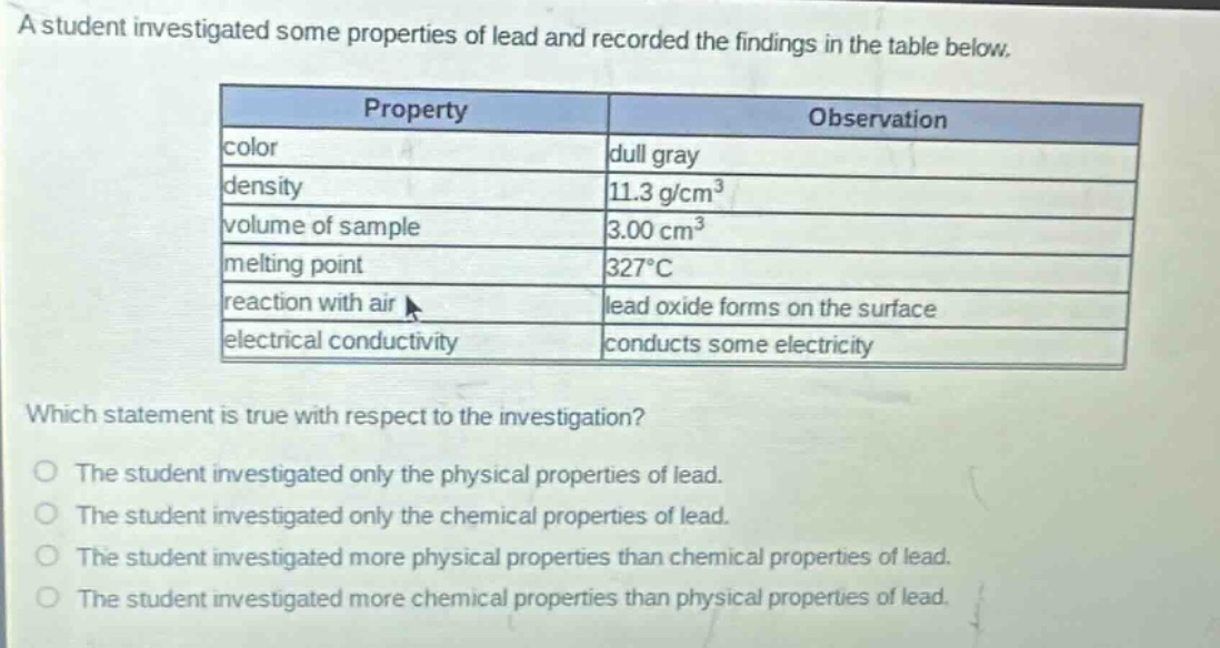 a student investigated some properties of lead and recorded the findings in the table below.\n| property | observation |\n|--|--| \n| color | dull gray |\n| density | 11.3 g/cm³ |\n| volume of sample | 3.00 cm³ |\n| melting point | 327°c |\n| reaction with air | lead oxide forms on the surface |\n| electrical conductivity | conducts some electricity |\nwhich statement is true with respect to the investigation?\no the student investigated only the physical properties of lead.\no the student investigated only the chemical properties of lead.\no the student investigated more physical properties than chemical properties of lead.\no the student investigated more chemical properties than physical properties of lead.