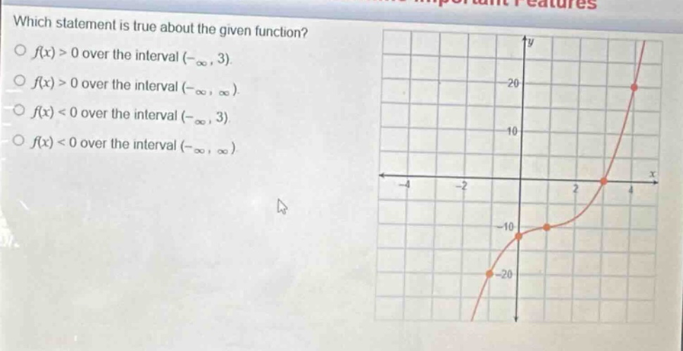 which statement is true about the given function?\n○ (f(x)>0) over the interval ((-infty,3)).\n○ (f(x)>0) over the interval ((-infty,infty)).\n○ (f(x)<0) over the interval ((-infty,3)).\n○ (f(x)<0) over the interval ((-infty,infty))