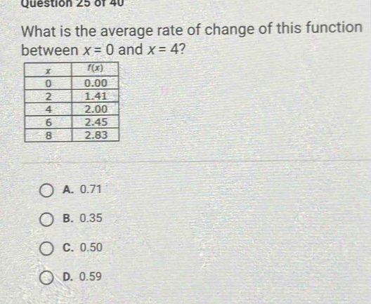 question 25 of 40\nwhat is the average rate of change of this function between x = 0 and x = 4?\n|x|f(x)|\n|0|0.00|\n|2|1.41|\n|4|2.00|\n|6|2.45|\n|8|2.83|\n\na. 0.71\nb. 0.35\nc. 0.50\nd. 0.59